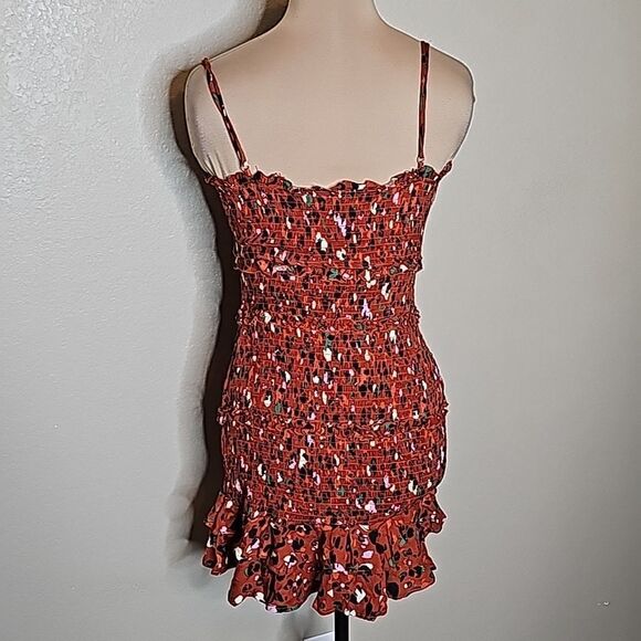 Karlie Medium Abstract‎ Leopard Cami Dress Rust Smocked ruffle hem - Picture 4 of 8